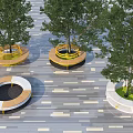 Modern Landscape Seats with Circular Design and Trees in Center Various Colored Outdoor Seating on Paved Ground
