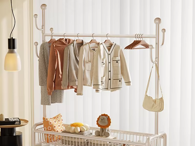 White Clothes Rack With Hanging Clothes Handbag And Storage Basket For Toys Pillows 3d model