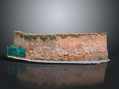 Old Stone Wall Model with Red Bricks Weeds Green Box Grass and Reflection 3d model