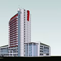 Modern High Rise Office Building Featuring Glass Curtain Walls Red Accents Green Lawns Parking Areas