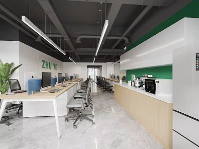 Modern Public Office Space With Desks Computers Green Wall And Coffee Bar Counter 3d model