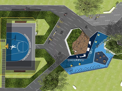Basketball Court Design With Surrounding Green Landscaping Pathway Seating Area And Open Space 3d model