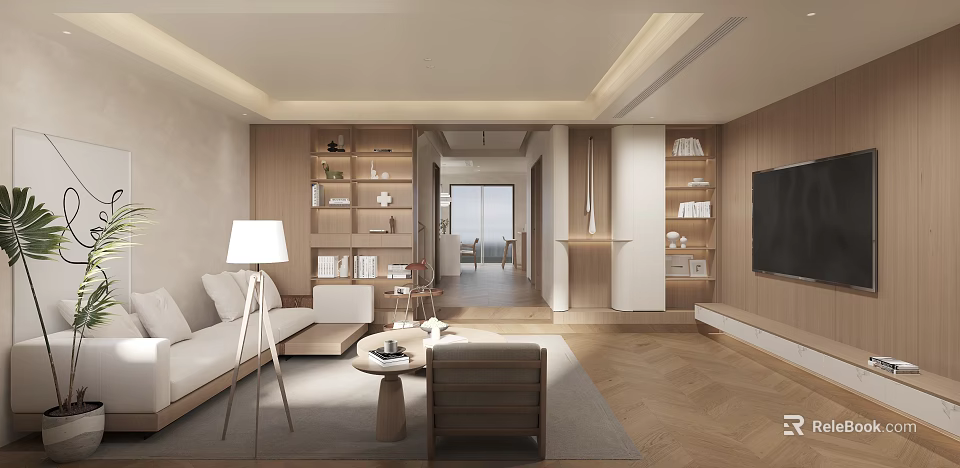 Modern Living and Dining Room Interior With Wooden Shelves Sofa Coffee Table and TV 3d model 