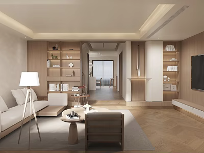 Modern Living and Dining Room Interior With Wooden Shelves Sofa Coffee Table and TV 3d model