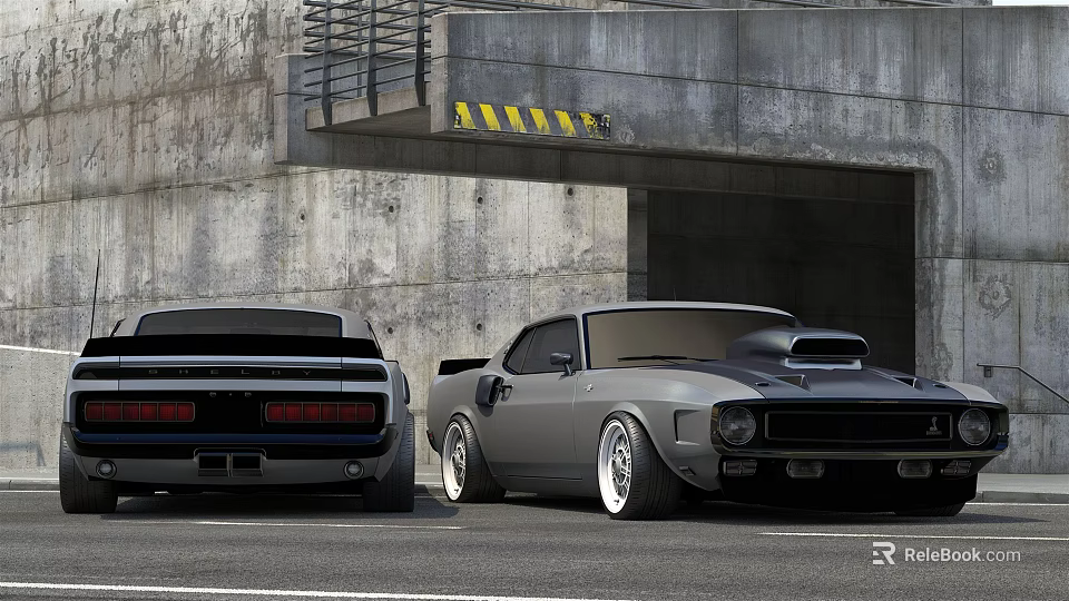 Two Vintage Muscle Cars Parked By Concrete Structure With Tunnel Entrance And Yellow Warning Stripes 3d model 