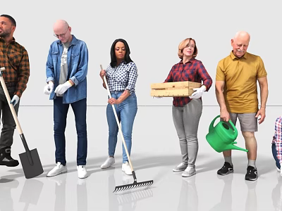 Group of People Standing Together Holding Gardening Tools Like Shovel Rake Watering Can And Box 3d model