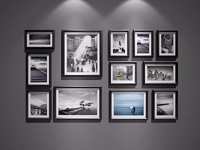 Multiple Framed Landscape Paintings On Wall With Various Scenic Views 3d model