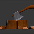 Wooden Stump Chopping Scene with Axe and Chopped Wood Pieces