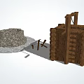 Traditional Garden Ornaments Including Stone Well Wooden Bucket Fence And Tools