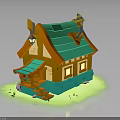 Cartoon Style Small House With Green Roof Orange Trim Porch Steps And Yellow Windows