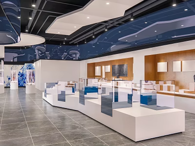 Modern Exhibition Hall Interior Design With White Display Counters Glass Cases And Wooden Wall Decor 3d model