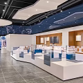 Modern Exhibition Hall Interior Design With White Display Counters Glass Cases And Wooden Wall Decor