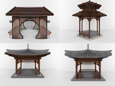 Different Traditional Chinese Pavilions Featuring Wooden Frames And Tiled Roof Designs 3d model