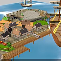 3D Rendered Coastal Scene Featuring Small Houses Wooden Dock Sailing Ship And Island