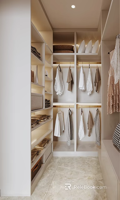 Modern Minimalist Walk in Closet Interior With Hanging Clothes Shelves And Lighting 3d model 