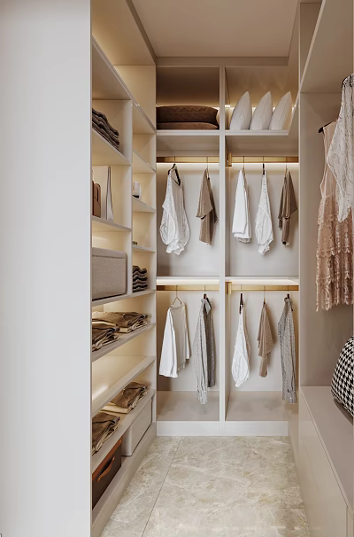 Modern Minimalist Walk in Closet Interior With Hanging Clothes Shelves And Lighting 3d model
