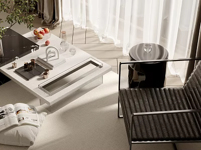Modern Coffee Table With Glass Top Metal Frame Living Room With Fruits Magazines And Armchair 3d model