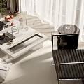 Modern Coffee Table With Glass Top Metal Frame Living Room With Fruits Magazines And Armchair