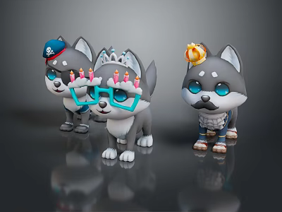 Cute Cartoon Husky Figurines With Party Hats Glasses And Crown Decorations 3d model