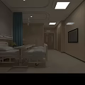 Modern Hospital Room Interior With Hospital Bed Blue Curtain TV Wooden Wall Panels And Medical Equipment