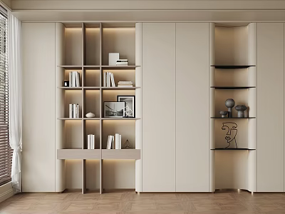 Modern Built in Bookcase With Books Photo Frame And Decorative Items In Light Beige Design 3d model