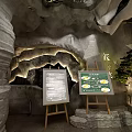 Cave Style Cafe Interior With Stone Walls Illuminated Lighting And Wooden Menu Boards