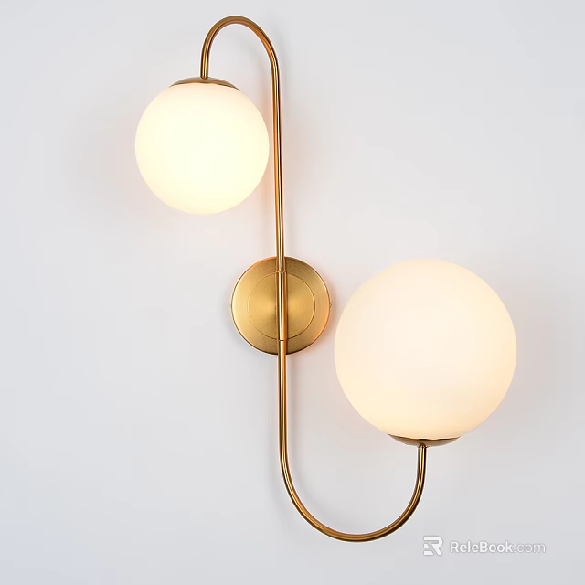Luxury Modern Wall Lamp With Gold Metal Frame And Two White Spherical Shades 3d model 