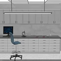 Laboratory Furniture Featuring White Wall Cabinets Drawer Equipped Lab Bench And Blue Chair