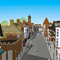 Historic Commercial Street with Red Brick Buildings Spire Towers Pedestrians Shops and Outdoor Seating