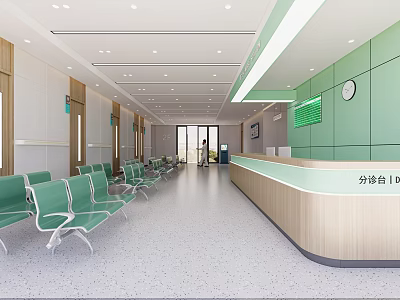 Hospital Triage Area Interior With Green Walls Wooden Reception Desk And Waiting Chairs 3d model