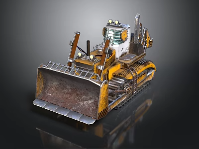 Yellow Bulldozer with Tracks and Large Blade Worn Metal Structure and Cab on Gray Background 3d model