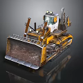 Yellow Bulldozer with Tracks and Large Blade Worn Metal Structure and Cab on Gray Background