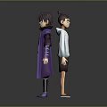 Two Animated Characters Standing In Purple And Light Colored Outfits With Ponytail Hairstyle
