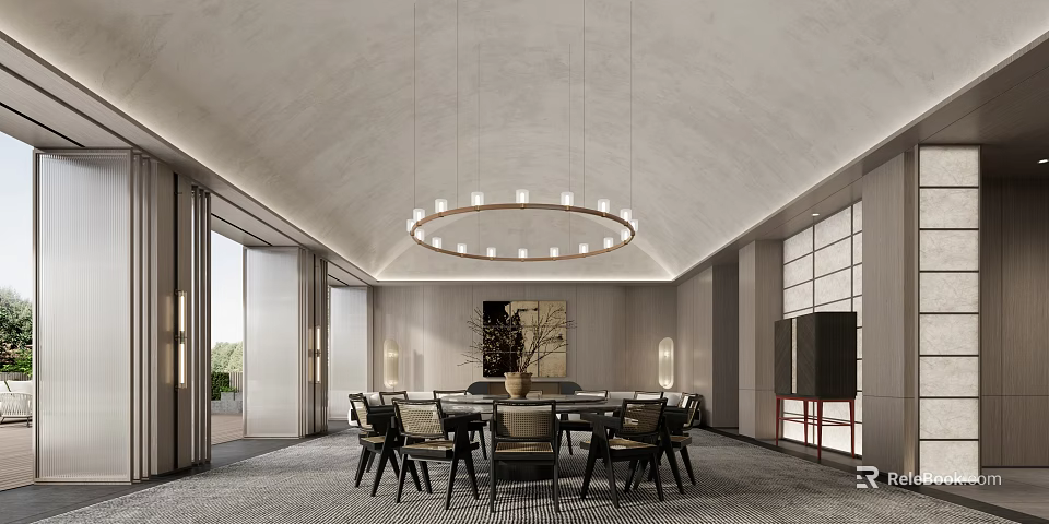 Spacious Modern Private Dining Booth With Circular Chandelier 3d model