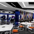 School Modern Lounge Space With White Tables Orange Chairs And Colorful Glass Partitions