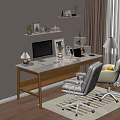Modern Cozy Desk Setup With Computer Monitor Laptop Table Lamp And Shelves