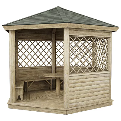 Natural Wooden Gazebo with Green Roof Lattice Windows Bench and Table 3d model