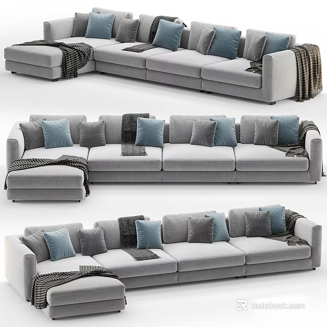 Gray Sectional Sofa With Multiple Blue And Grey Pillows And Throw Blanket 3d model