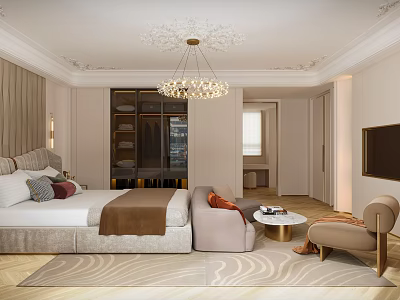 Luxurious Modern Bedroom Interior With Chandelier Tufted Bed Accent Chair And Area Rug 3d model