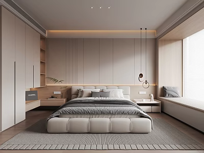 Modern Minimalist Bedroom Interior Design With Upholstered Bed Built-in Nightstands Window Seat And Pendant Lights 3d model