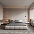 Modern Minimalist Bedroom Interior Design With Upholstered Bed Built-in Nightstands Window Seat And Pendant Lights