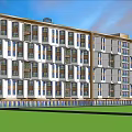 Modern Hotel Building Exterior With Multiple Windows Balconies And Water Features