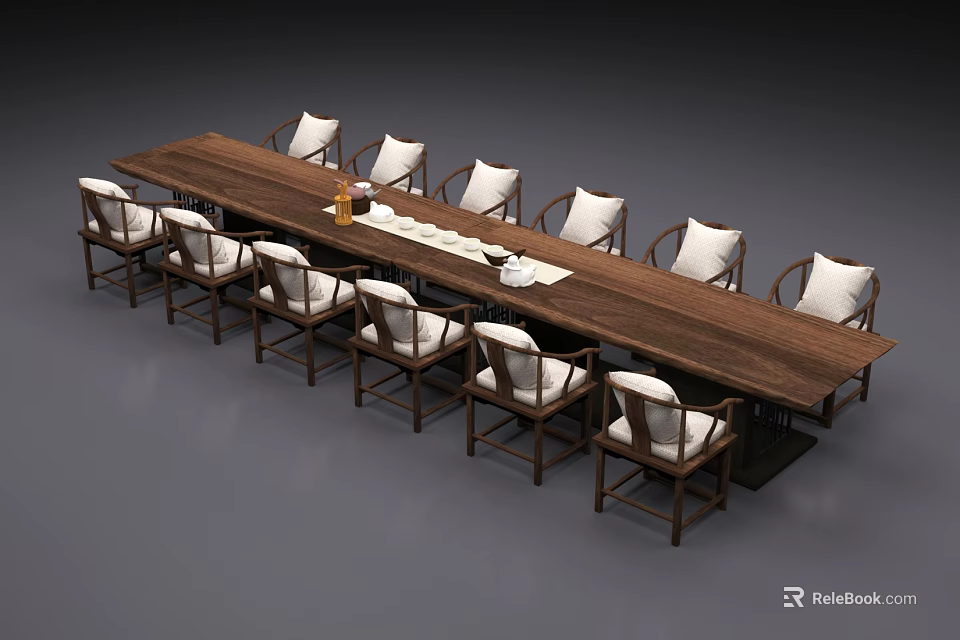 Solid Wood Tea Table And Matching Chairs With White Cushions 3d model 
