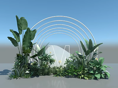 Floral Art Installation With White Arch And Lush Green Plants Under Blue Sky 3d model