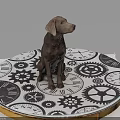 Brown dog sitting on circular platform with black and white gears and clock designs