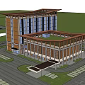 Modern Residential Building With Large Glass Windows Brown White Exterior Grassland Square And Sunset Background
