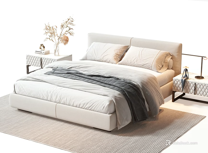 Modern Double Bed With Soft Linens Nightstands And Decorative Items On Rug 3d model 