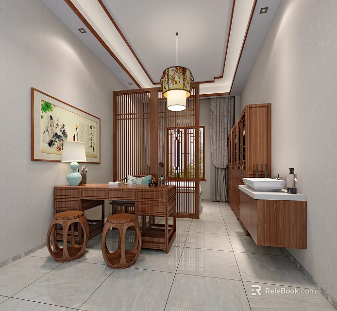 Traditional Chinese Interior Design With Wooden Screen Desk Stools Painting Pendant Lamp And Washbasin 3d model 