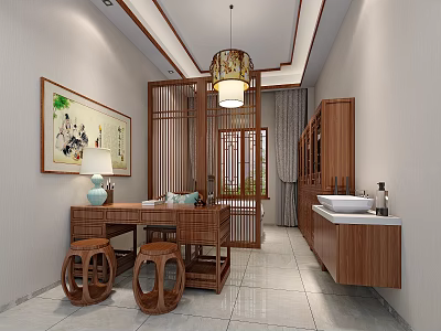 Traditional Chinese Interior Design With Wooden Screen Desk Stools Painting Pendant Lamp And Washbasin 3d model