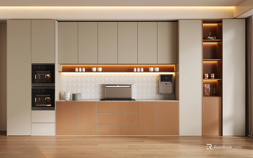 Modern Kitchen Sideboard Design With Storage Cabinets Lighting Coffee Machine And Ovens 3d model
